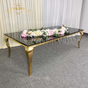 Hot Sale Luxury Golden Glass Top Dining Table Gold Stainless Steel Rectangle Wedding Event Hall Tables