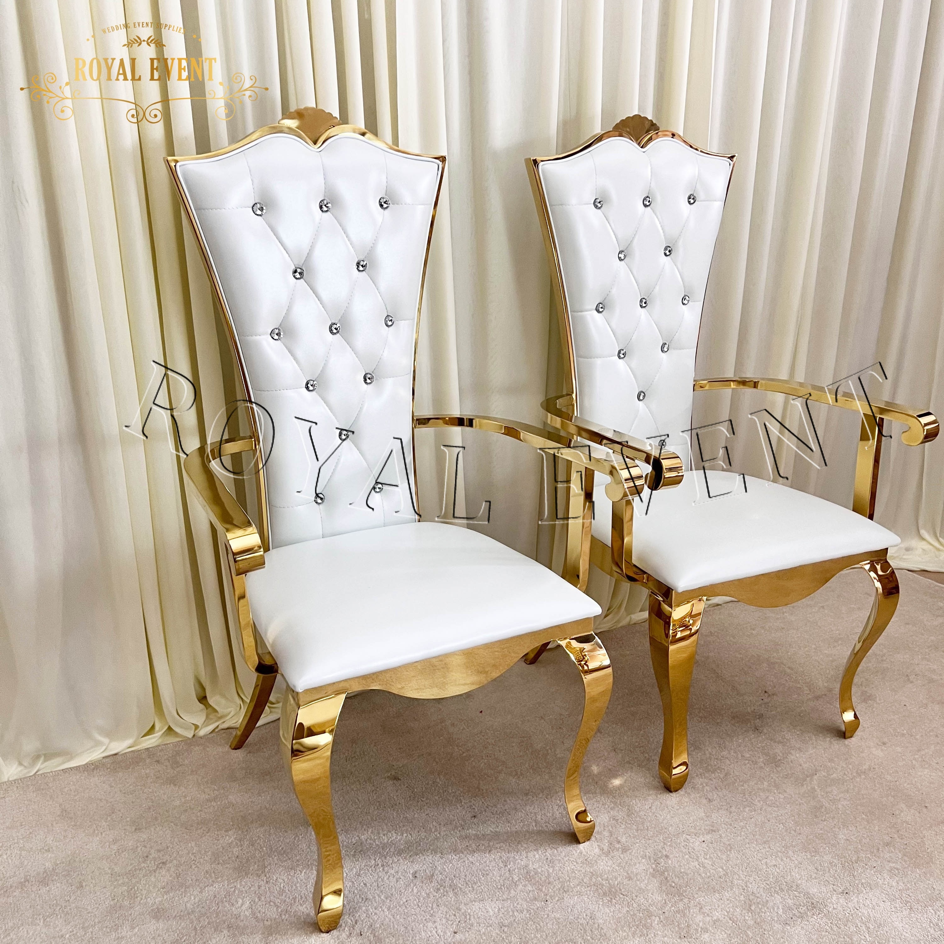 Luxury Gold Wedding Furniture Leather Chair Stainless Steel Armrest Throne Dining Chair For Bridal And Groom