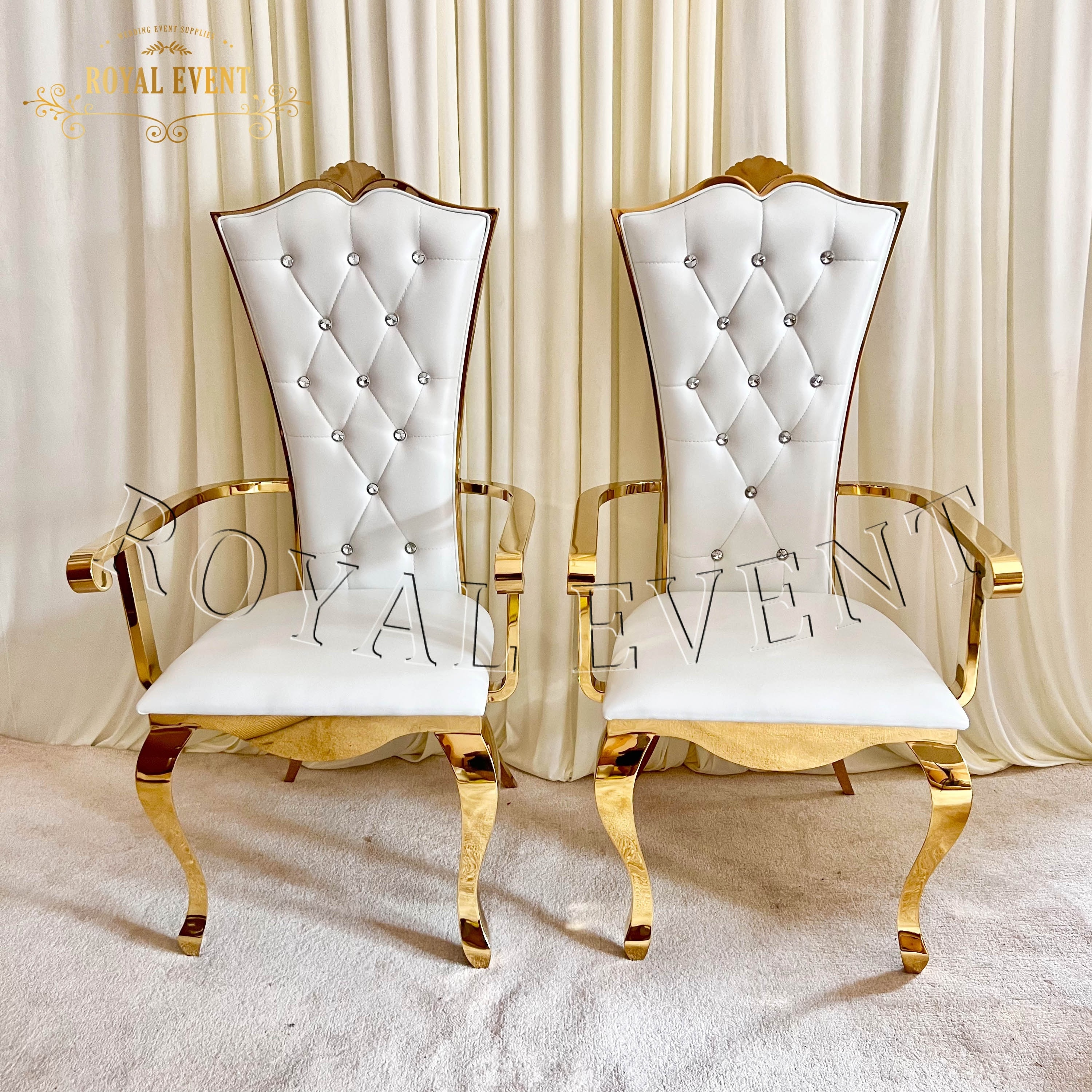 Luxury Gold Wedding Furniture Leather Chair Stainless Steel Armrest Throne Dining Chair For Bridal And Groom