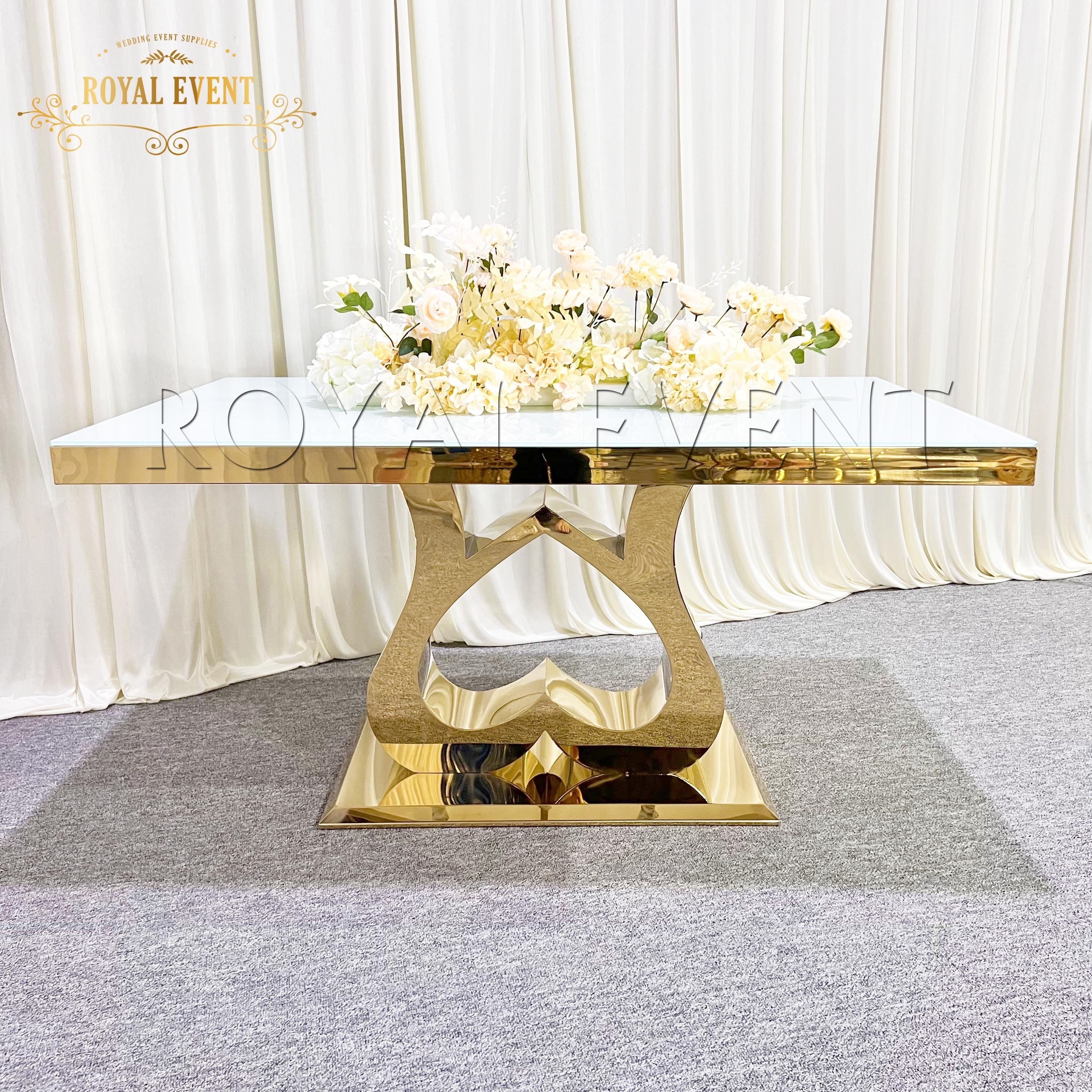 Shiny Golden Bridal And Groom Used Love Table Stainless Steel Wedding Glass Table For Reception