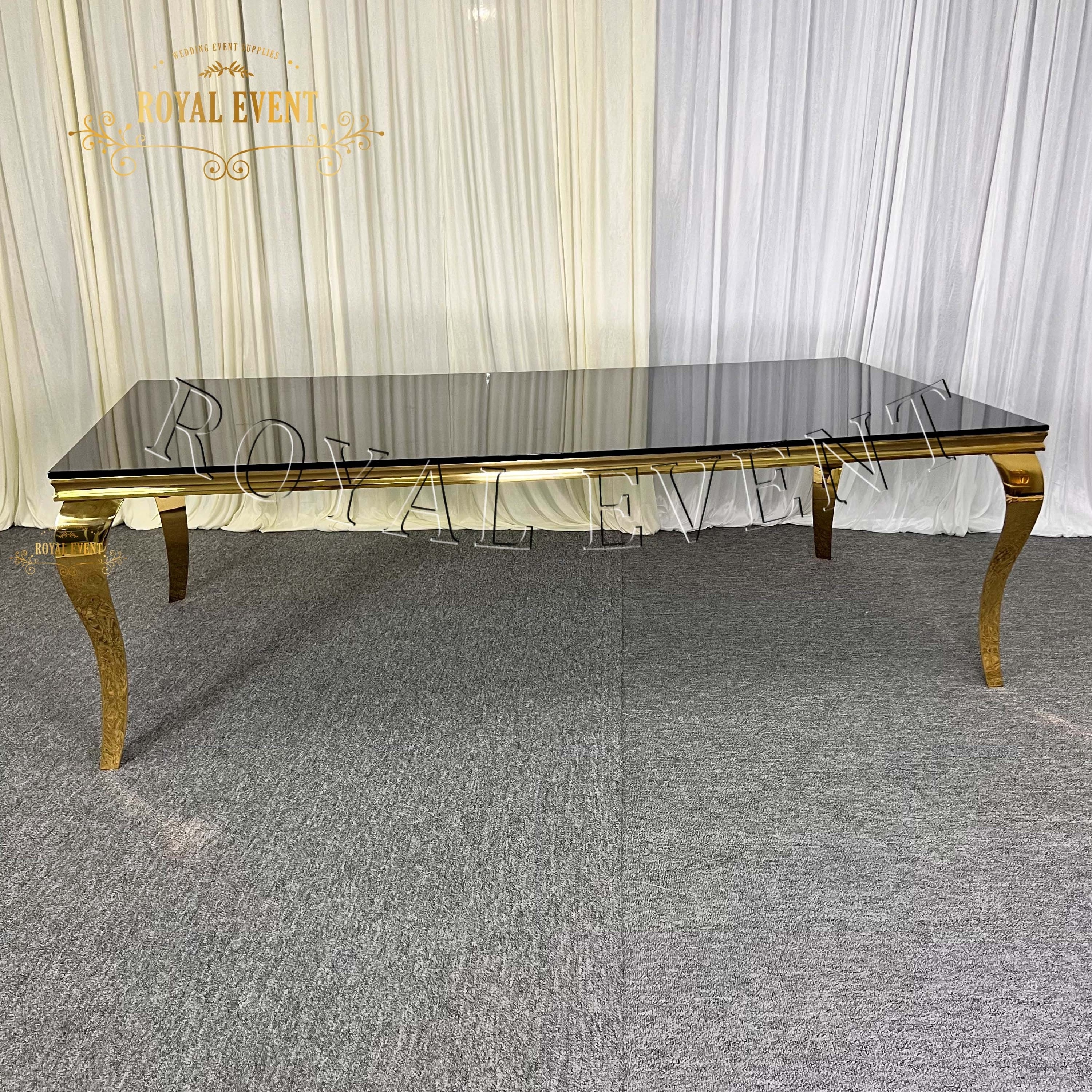 Hot Sale Luxury Golden Glass Top Dining Table Gold Stainless Steel Rectangle Wedding Event Hall Tables