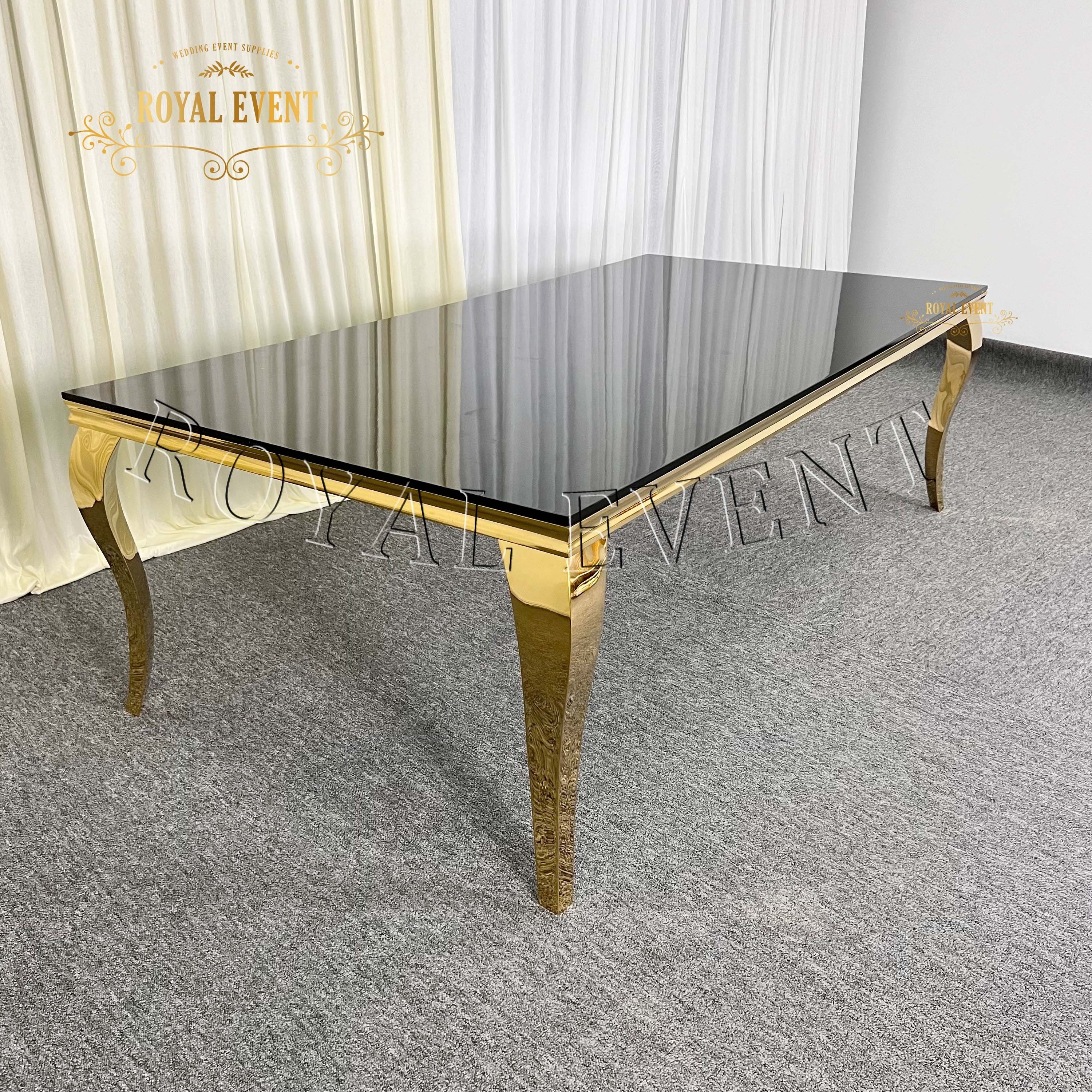 Hot Sale Luxury Golden Glass Top Dining Table Gold Stainless Steel Rectangle Wedding Event Hall Tables