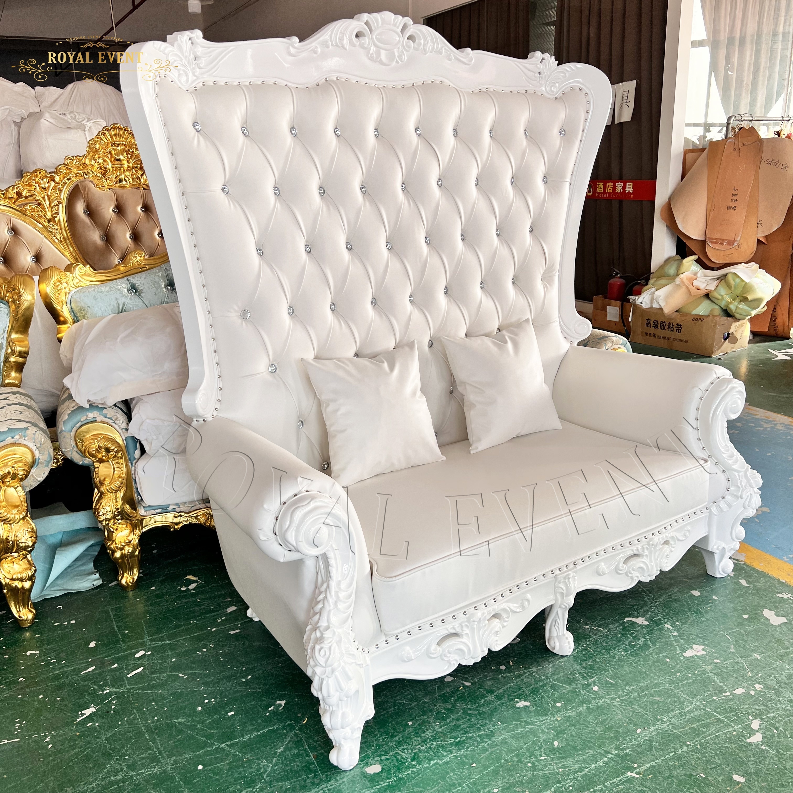 Wedding furniture throne sofa silver and white chairs luxury high back double seat chair for bride and groom