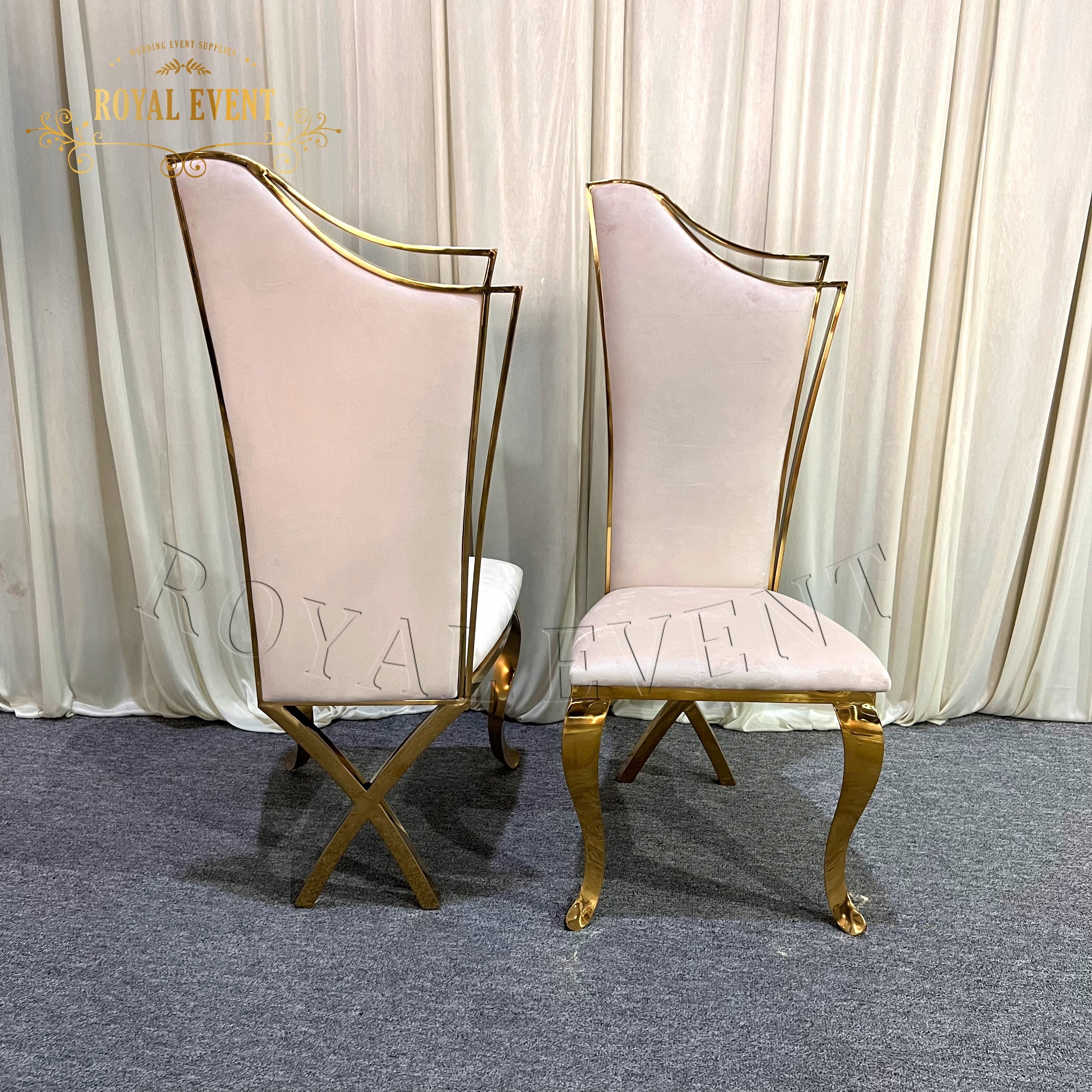 Fancy High Back Velvet Bridal Chair Golden Stainless Steel Frame King Throne Chair For Rental