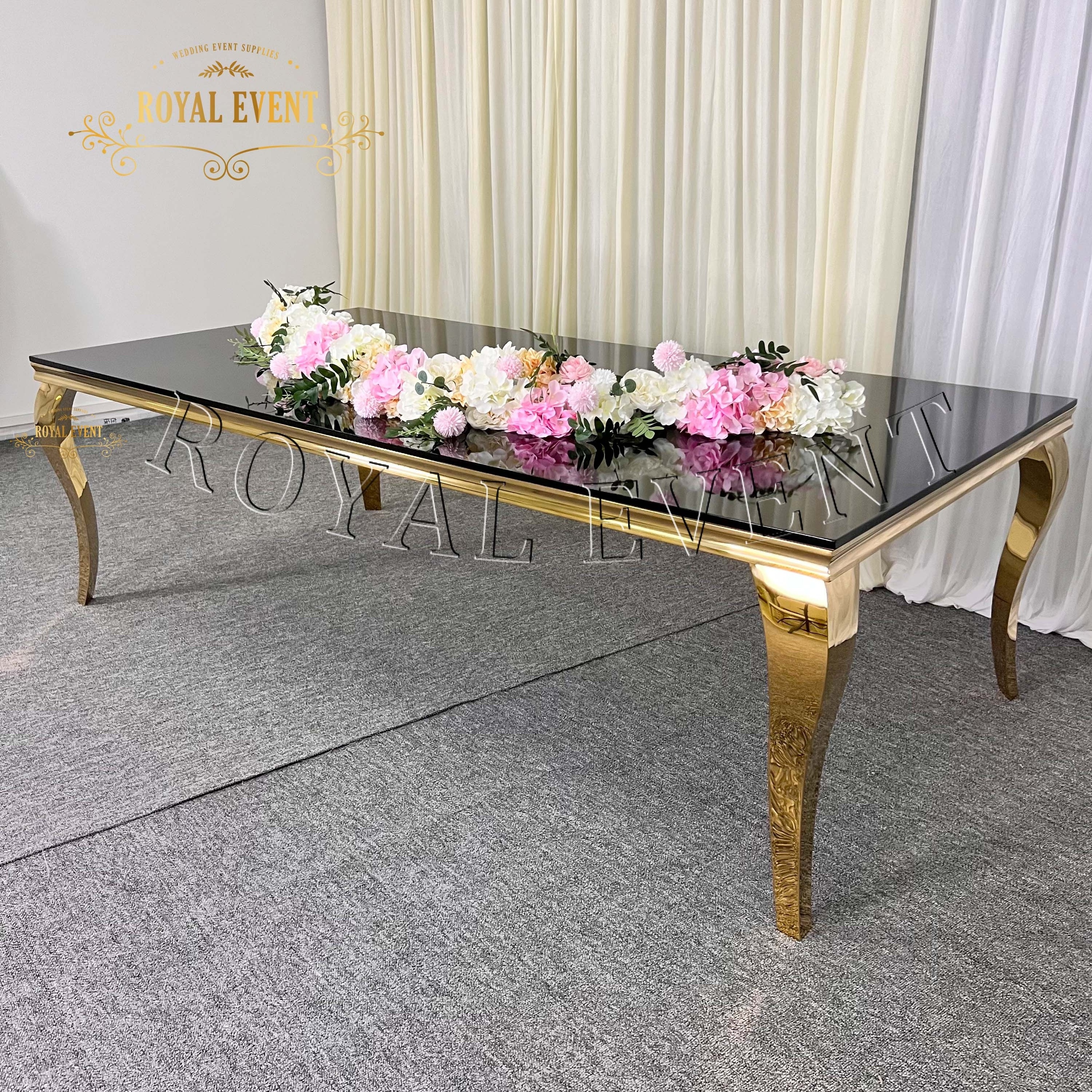 Hot Sale Luxury Golden Glass Top Dining Table Gold Stainless Steel Rectangle Wedding Event Hall Tables