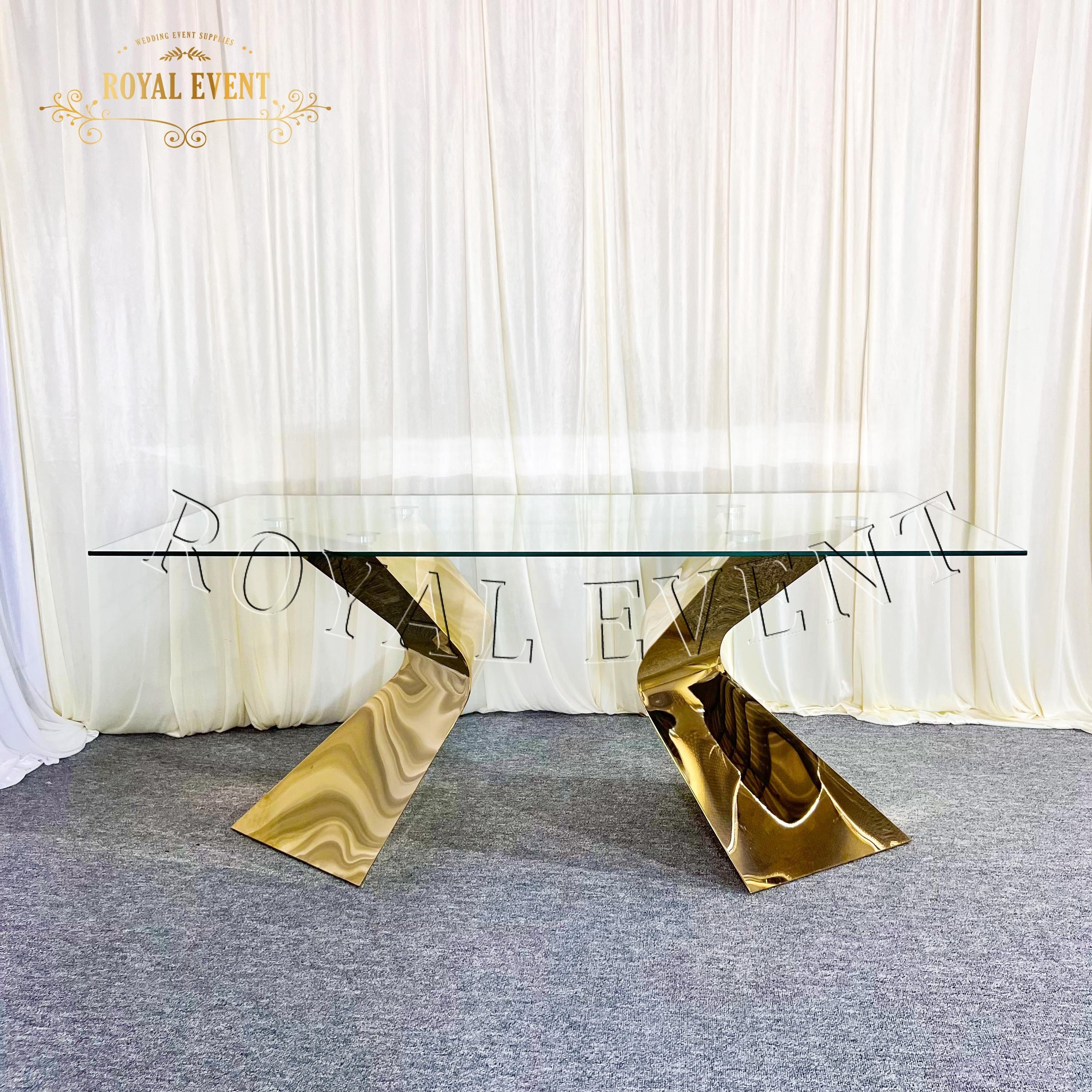 New Design Gold Stainless Steel glass top Wedding Table Elegant Bridal dining Table hotel furniture For Wedding Decor