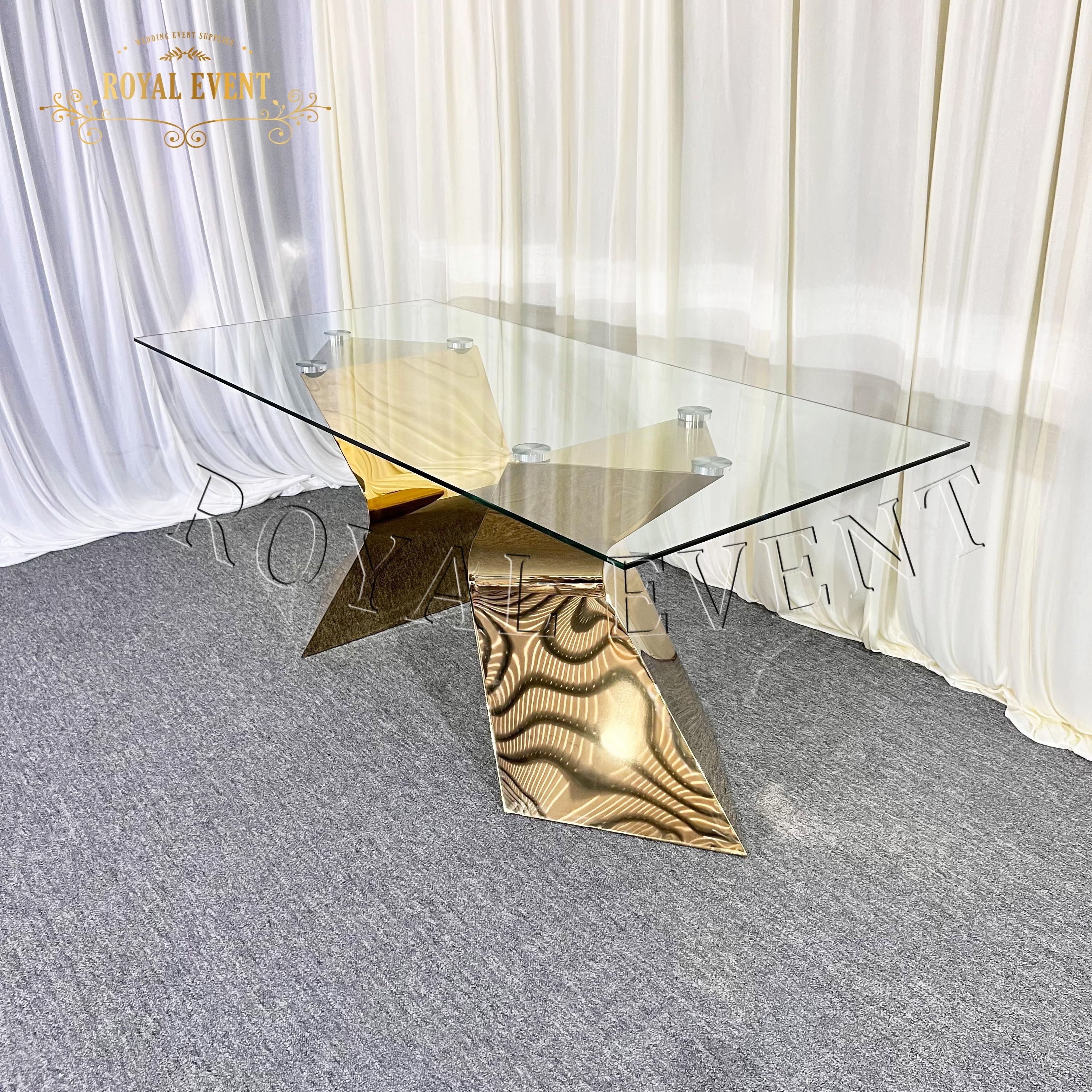 New Design Gold Stainless Steel glass top Wedding Table Elegant Bridal dining Table hotel furniture For Wedding Decor