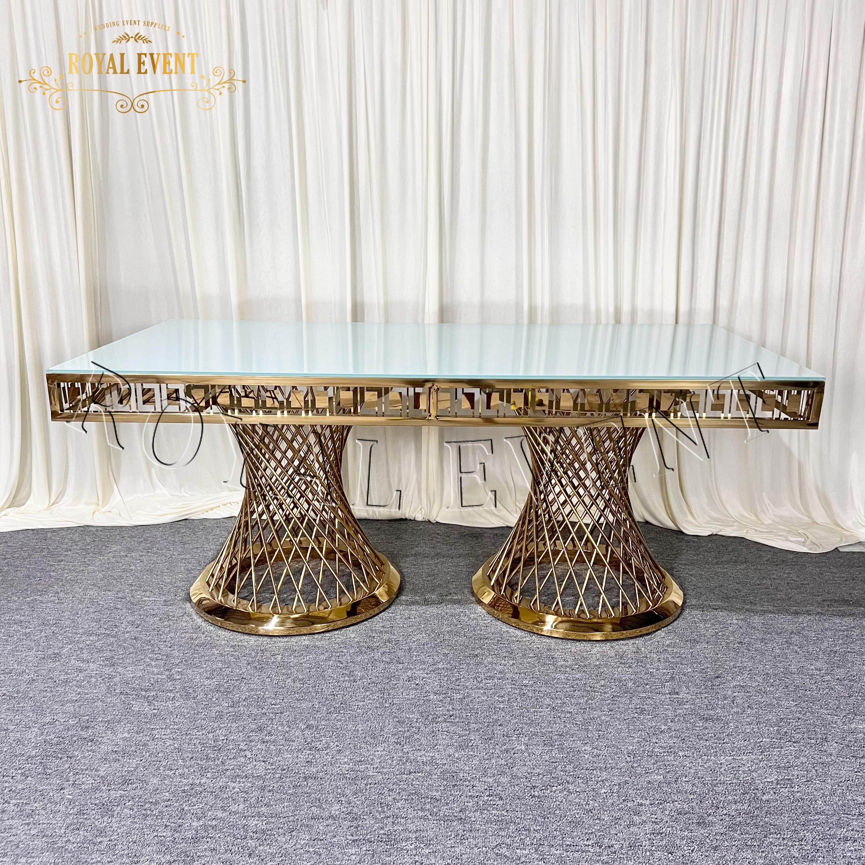 Luxury Elegant Wedding Restaurant Stainless Steel Table glass top gold Dining Table And Chairs Sets For Sale