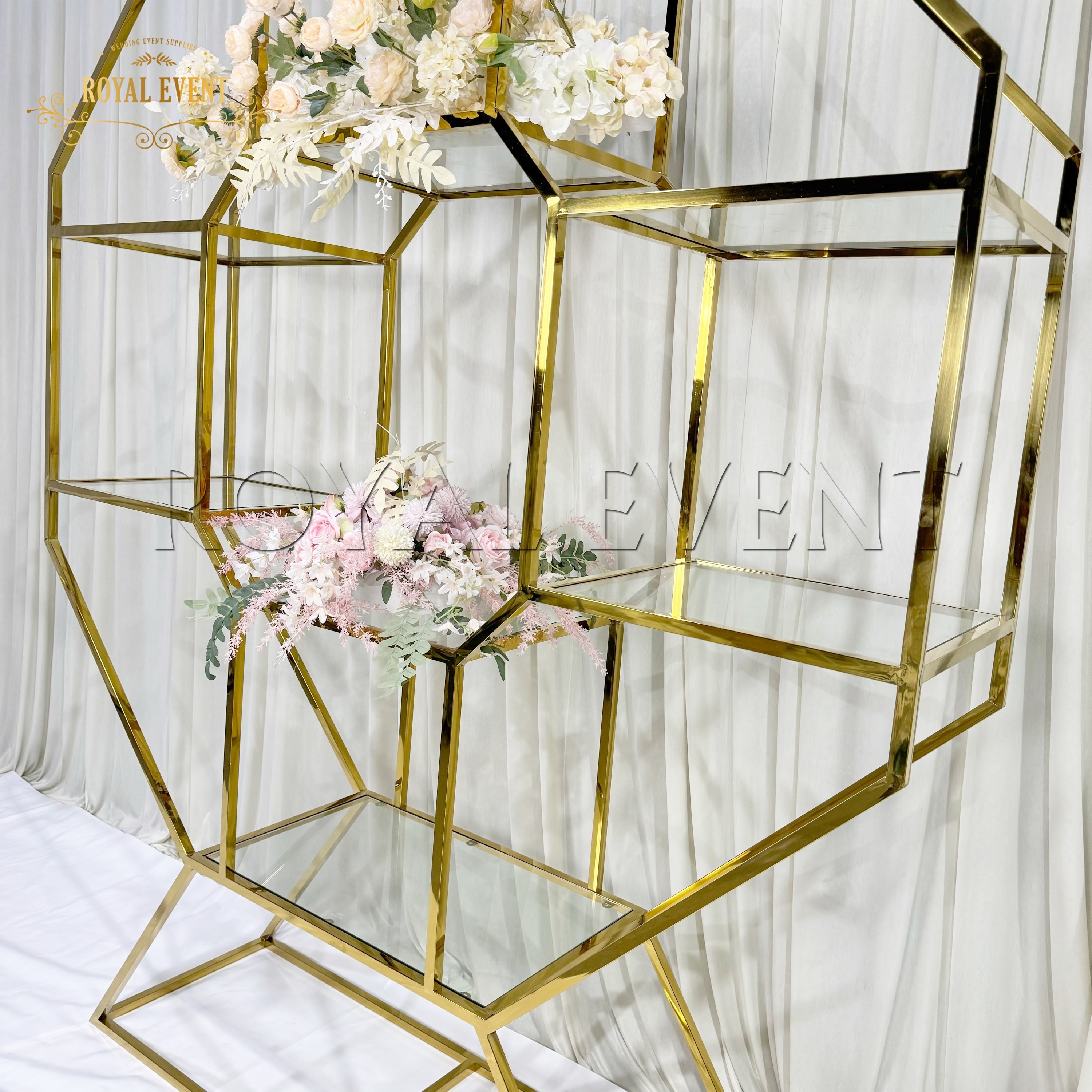 Royal Furniture Gold Wine Shelf Backdrop Bar Display Stainless Steel Party Backdrop For Wedding Decoration