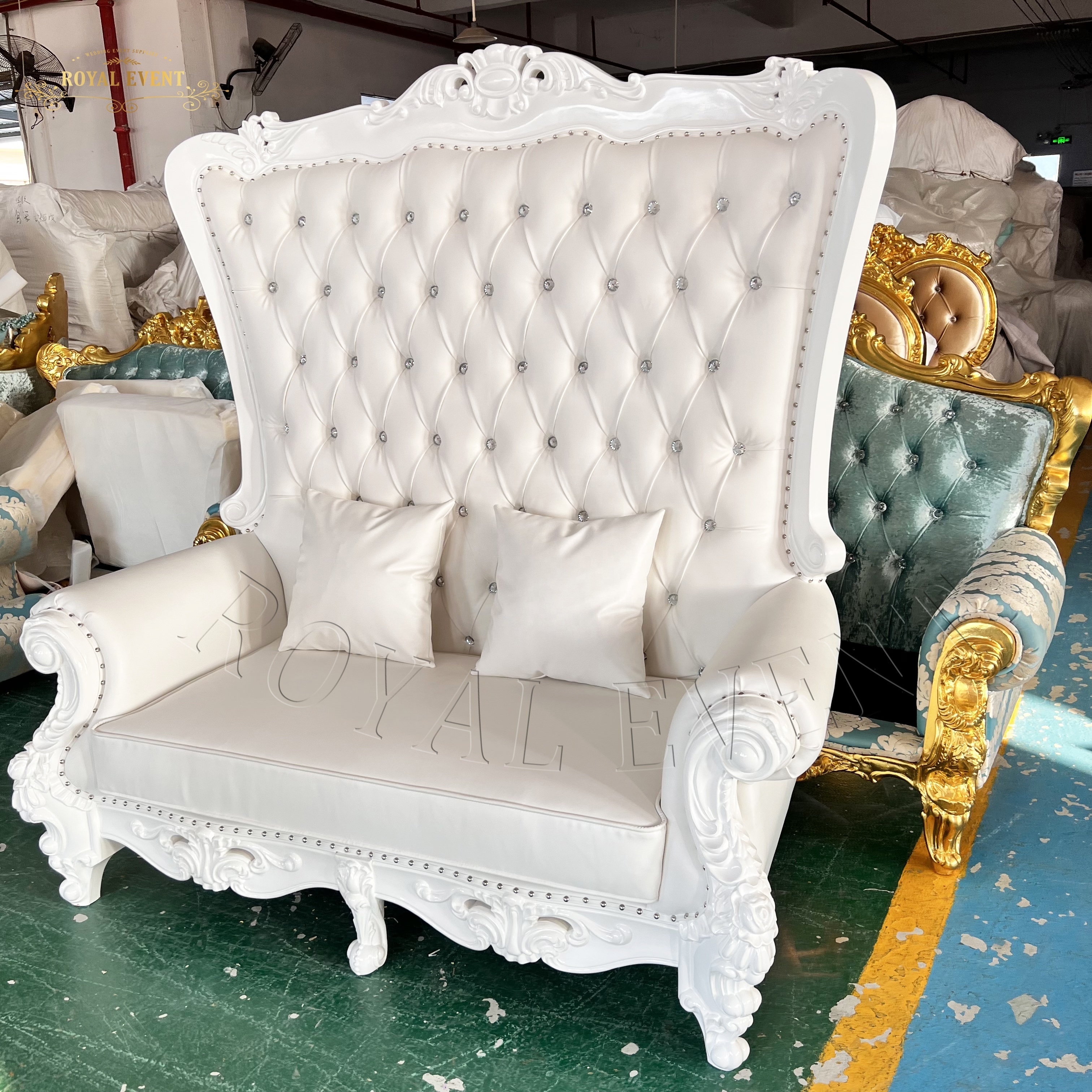 Wedding furniture throne sofa silver and white chairs luxury high back double seat chair for bride and groom