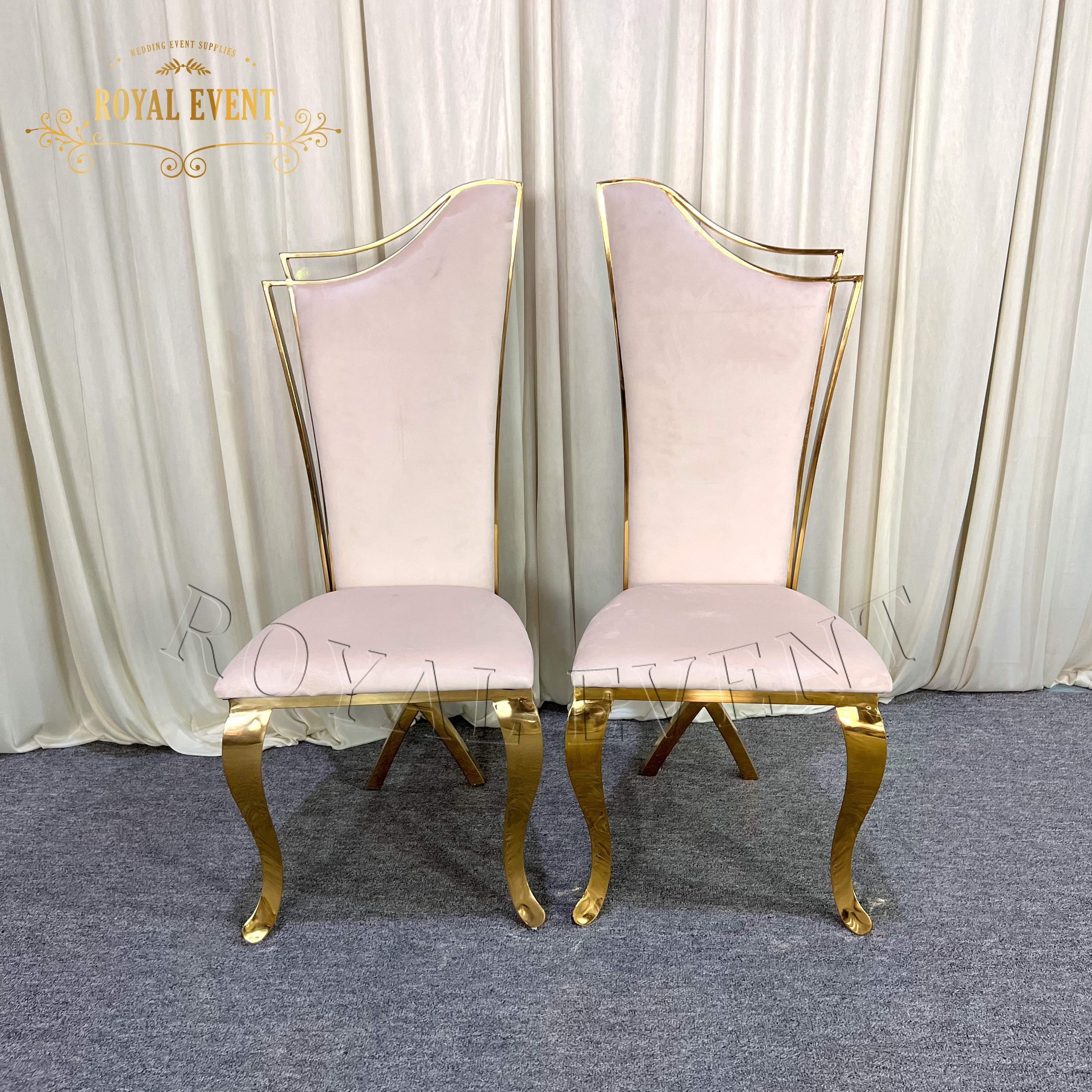 Fancy High Back Velvet Bridal Chair Golden Stainless Steel Frame King Throne Chair For Rental