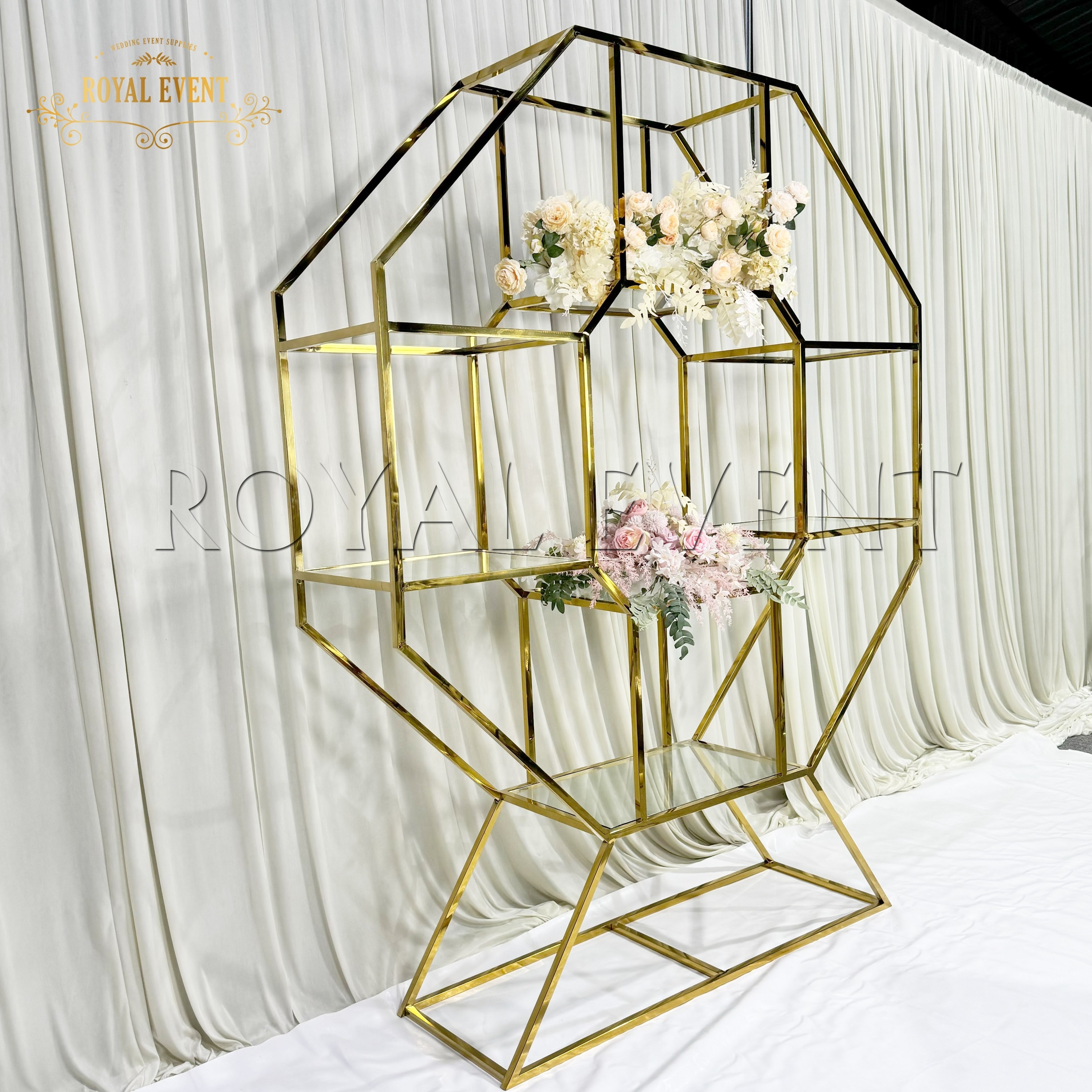 Royal Furniture Gold Wine Shelf Backdrop Bar Display Stainless Steel Party Backdrop For Wedding Decoration