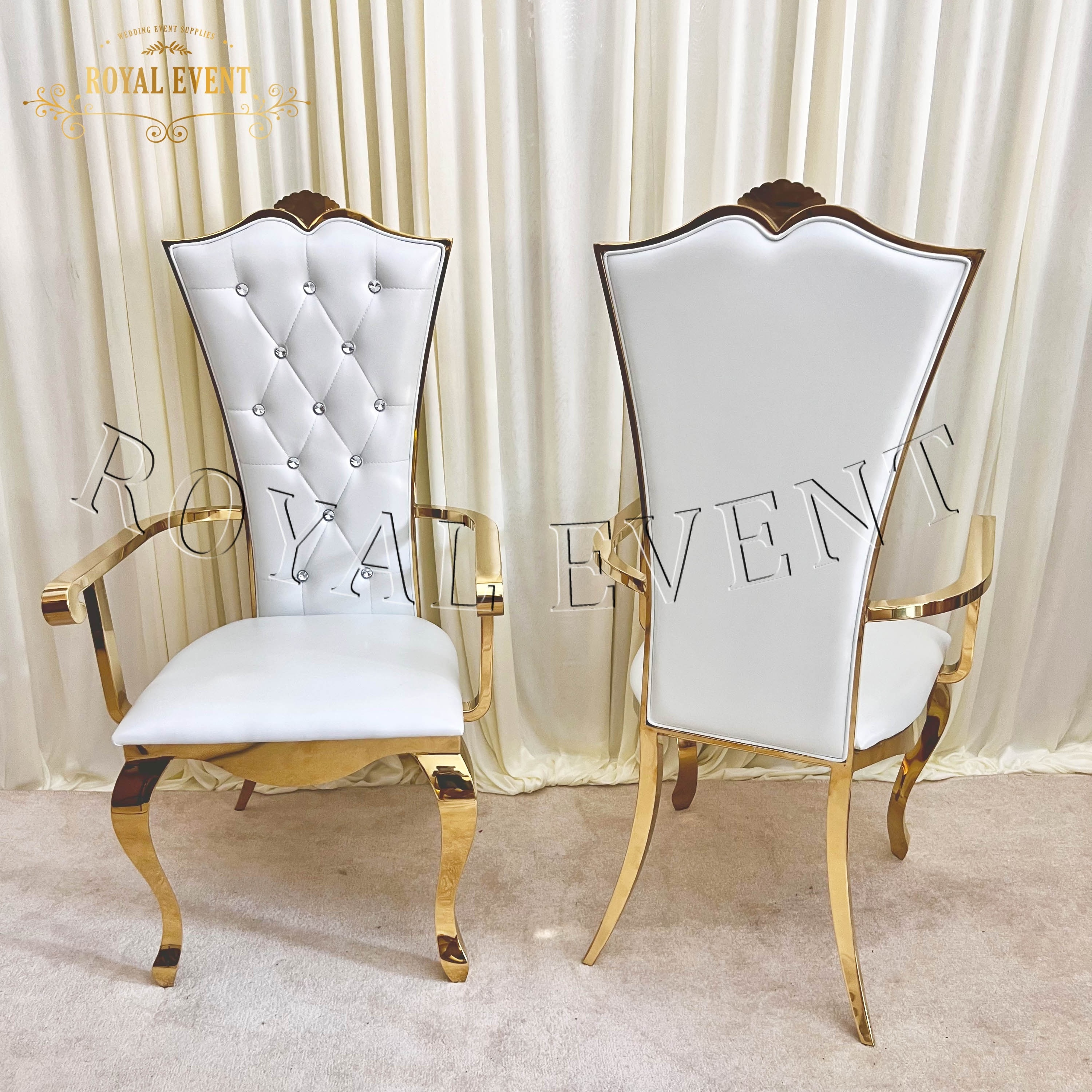 Luxury Gold Wedding Furniture Leather Chair Stainless Steel Armrest Throne Dining Chair For Bridal And Groom