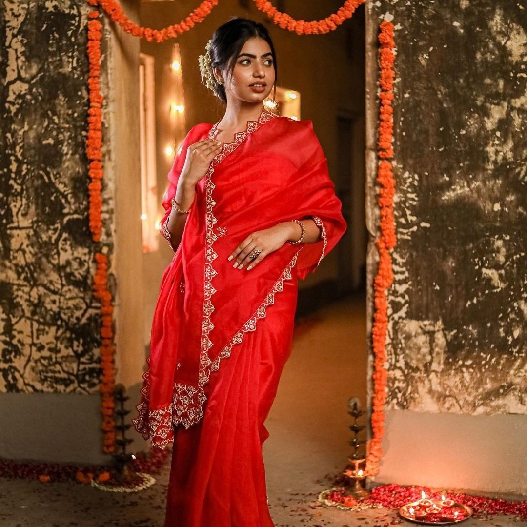 Organza Silk Beautiful Thread Embroidery and Sequence Work Saree With Mono Diamond Silk Blouse