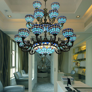 European Vintage Creative Mediterranean Style Double Custom Chandelier Stained Glass Art Hotel Villa Luxury Chandelier