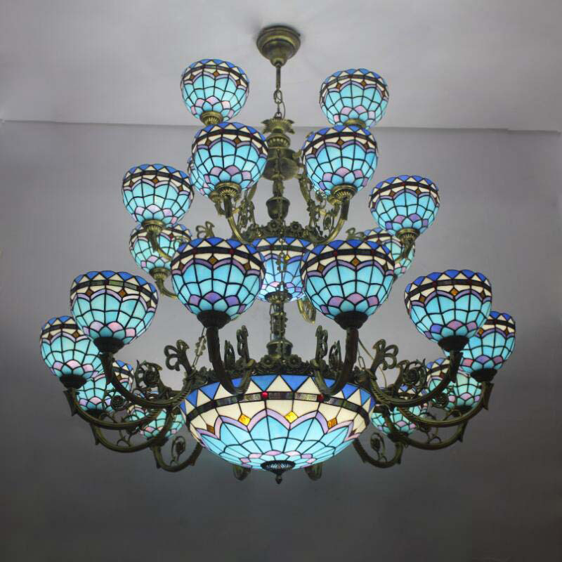 European Vintage Creative Mediterranean Style Double Custom Chandelier Stained Glass Art Hotel Villa Luxury Chandelier