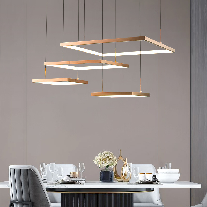 Modern Rose Gold Geometry Square Led Chandeliers Lighting Squqre Dining Room Decor Pendant Lights Kitchen Hanging Lamp Luminaire