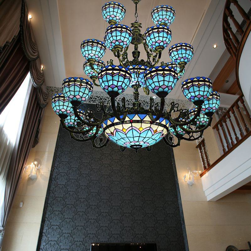 European Vintage Creative Mediterranean Style Double Custom Chandelier Stained Glass Art Hotel Villa Luxury Chandelier