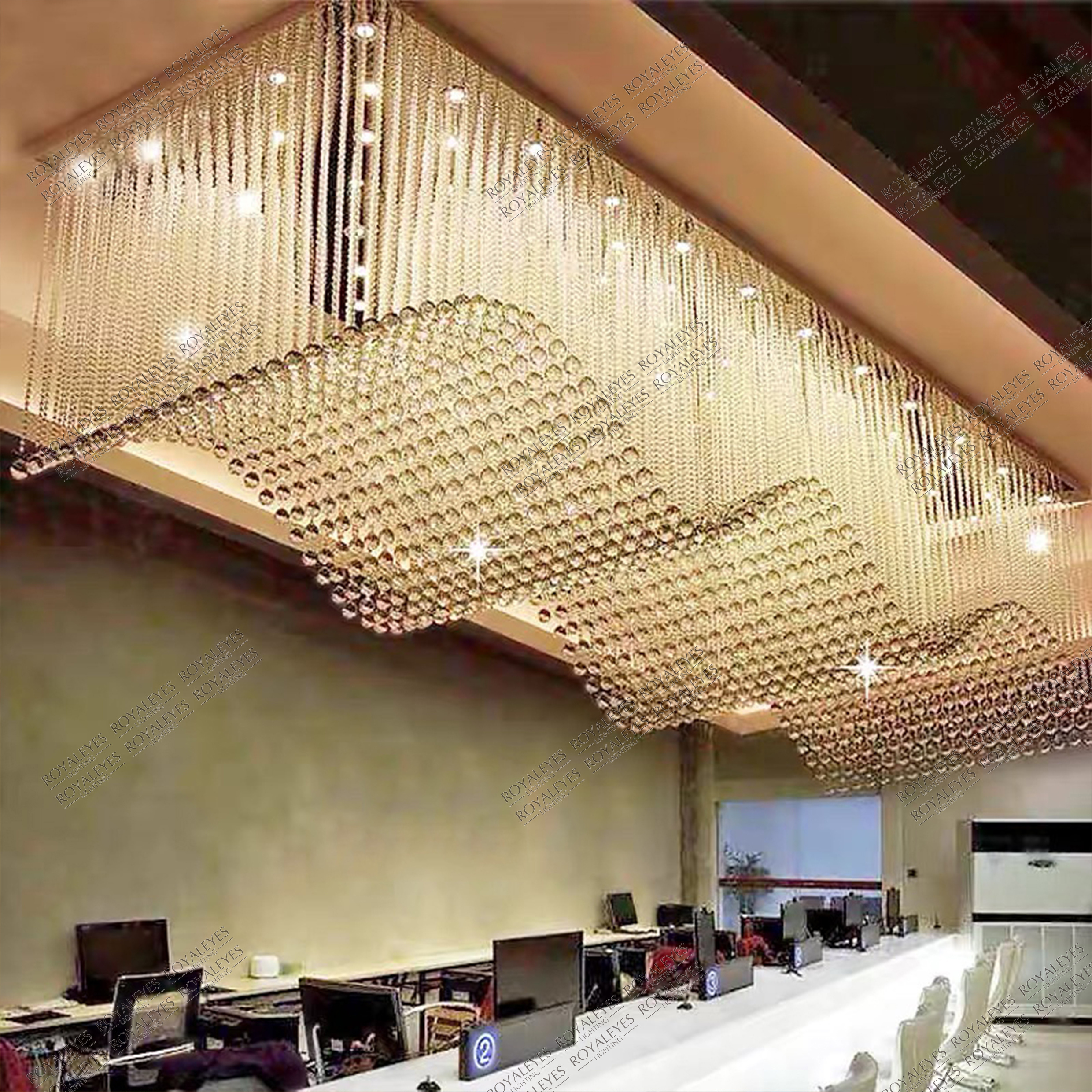 Hotel Hall-Banquet luxury large Pretty flush mount rectangle Wavy orb crystal chandelier