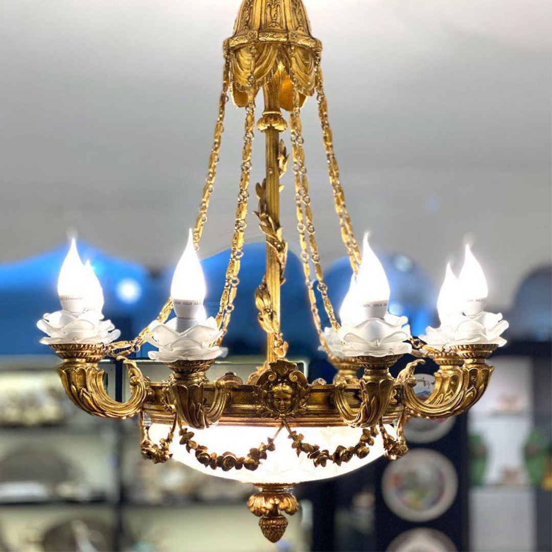 Custom European Style Candle Bulbs Vintage Brass Glass Villa Pendant Light Ceiling Hanging Lamp Indoor Nordic Chandelier