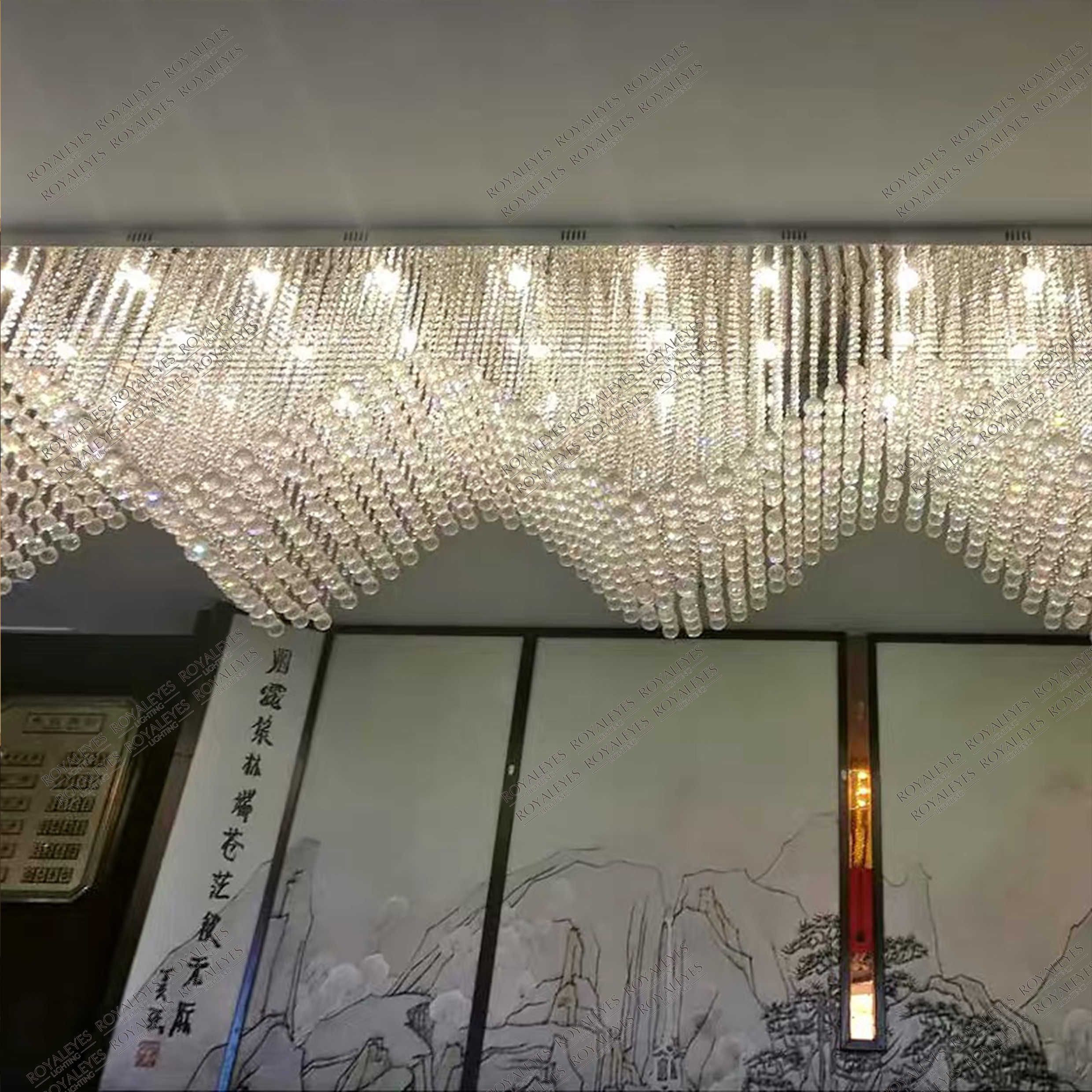 Hotel Hall-Banquet luxury large Pretty flush mount rectangle Wavy orb crystal chandelier