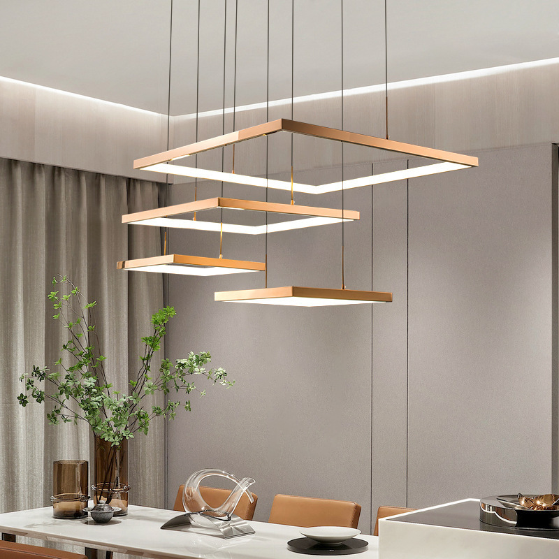 Modern Rose Gold Geometry Square Led Chandeliers Lighting Squqre Dining Room Decor Pendant Lights Kitchen Hanging Lamp Luminaire