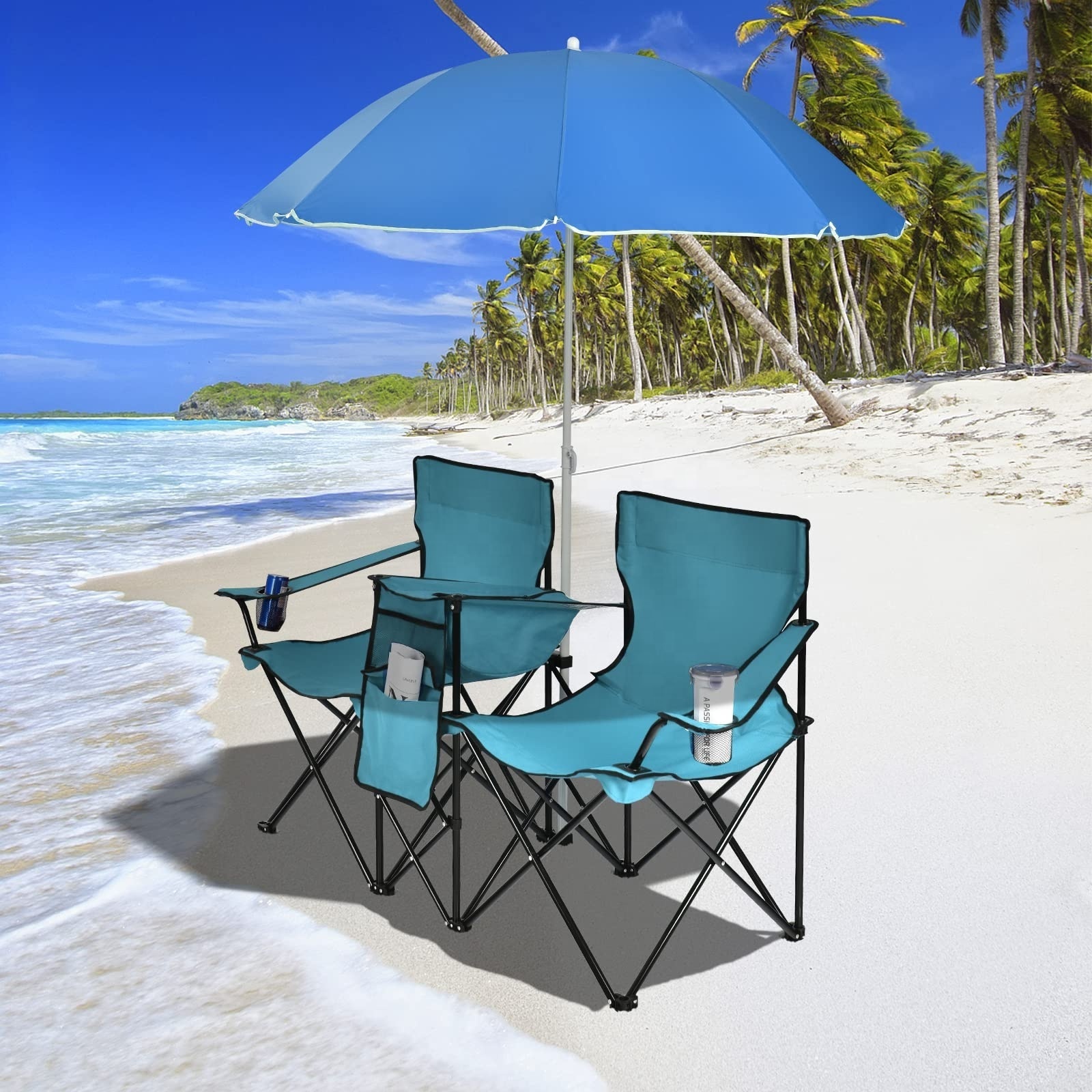 Cheap Double Folded Lawn Fishing 2-Person Beach Chair With Umbrella