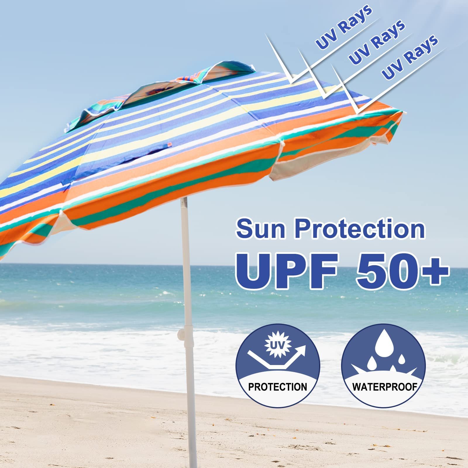 Factory Price 6.5ft Custom Design Polyester Silver Coated Foldable SunParasol  Windproof Outdoor Beach Umbrella With Sand Anchor