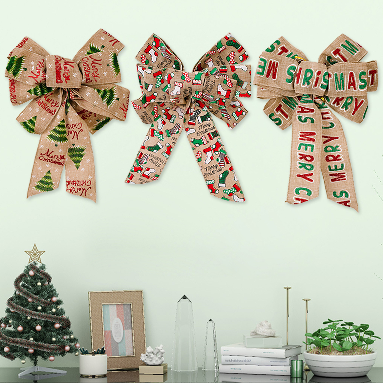 Wholesale Christmas holiday new decoration linen printed cartoon bow wall tree hanging pieces cloth products