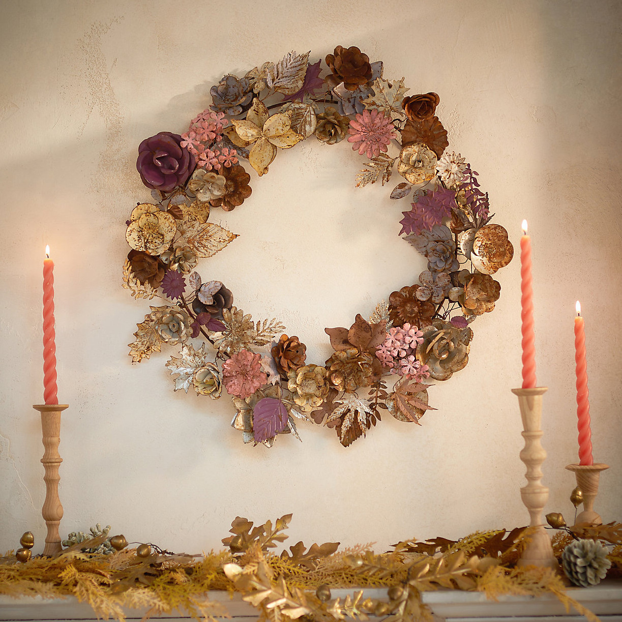 Rustic Multi Colors Metal Flowers & Leaves Wreath