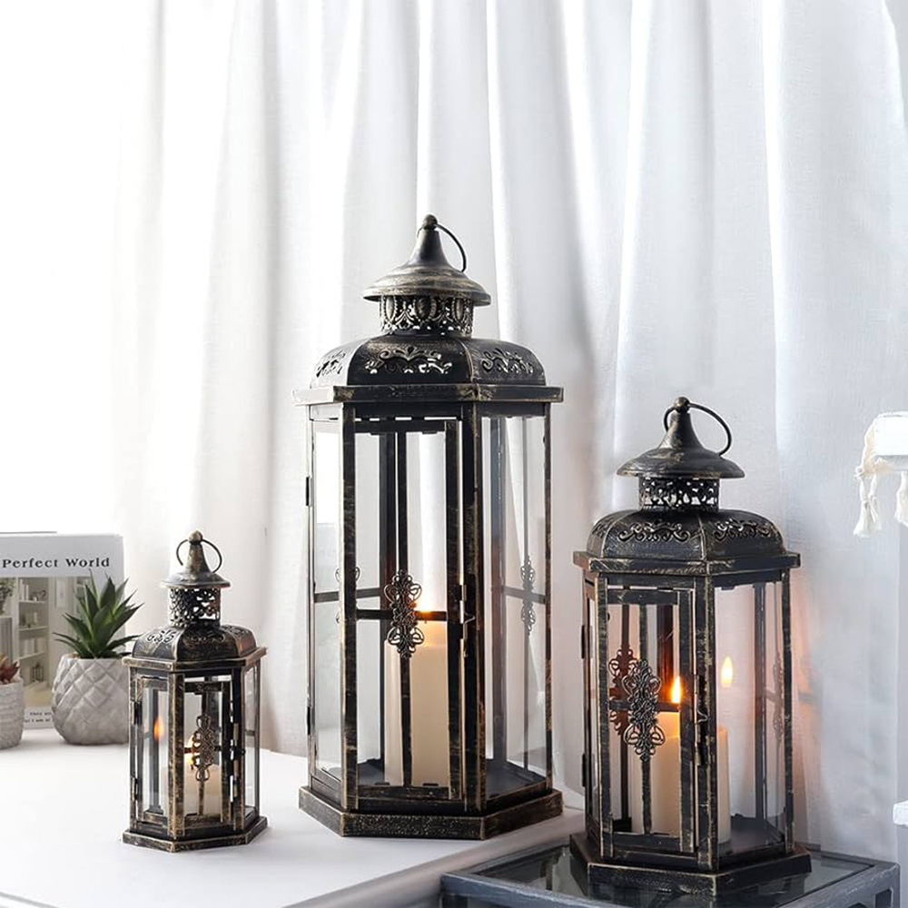 Industrial Quality Ramadan Decorative Brown Metal Candle Holder Lantern for Home and Garden Decoration Dual Tone Lanterns