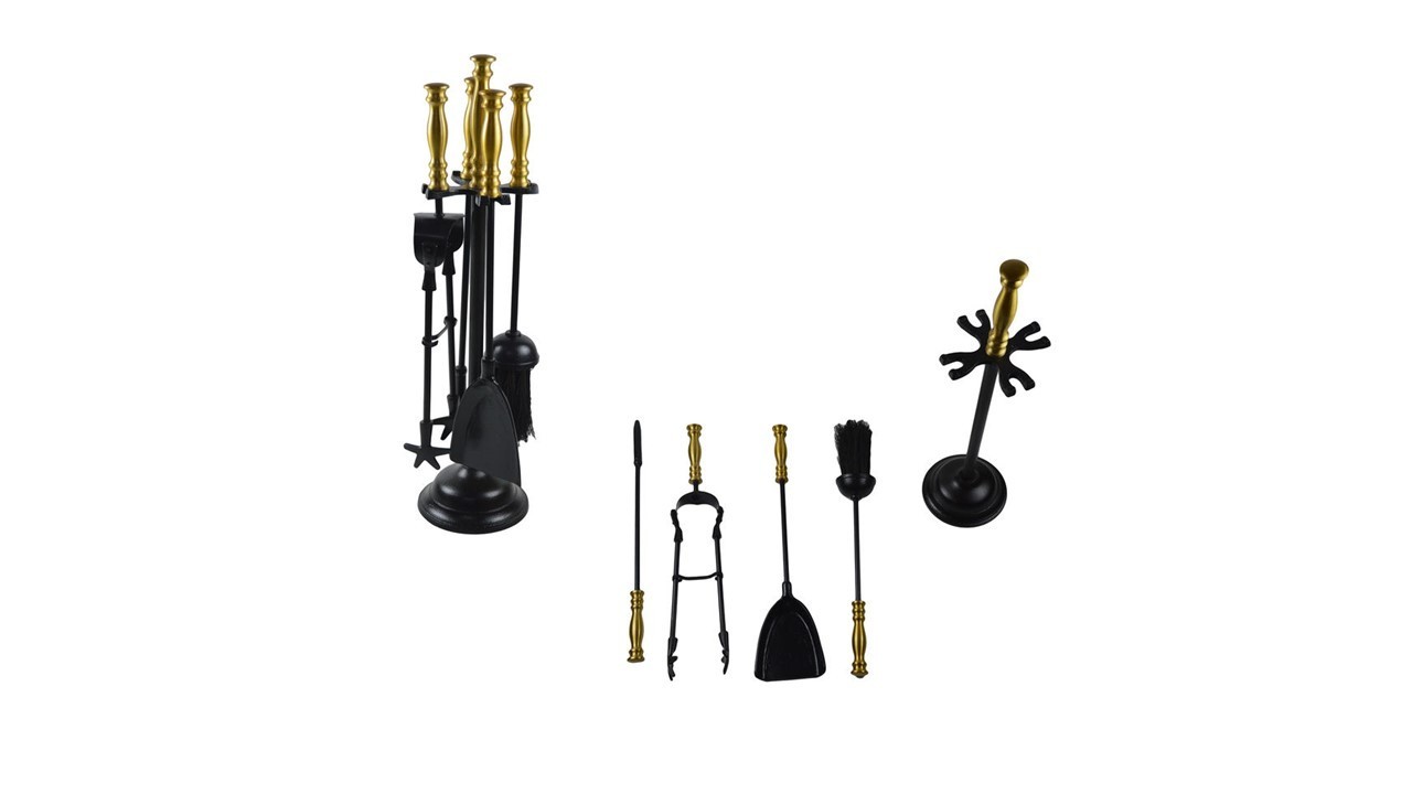 5 Pieces Fireplace Tools Set Indoor Wrought Iron Fire Set Fire Place Pit Modern Black Outdoor Accessories Kit