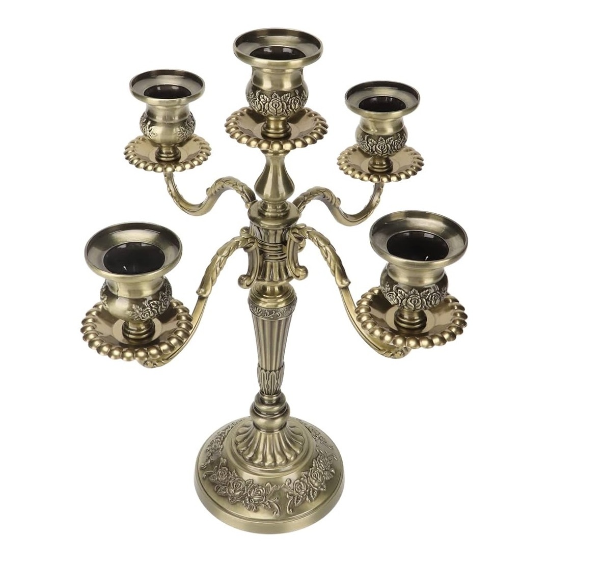 2024 Eye-Catching Design Metal Candelabra Five Candle Lights Cup With Brass Antique Finishing Round Base For Home Decoration