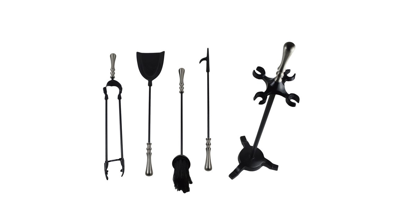 5 Pieces Fireplace Tools Set Indoor Wrought Iron Fire Set Fire Place Pit Modern Black Outdoor Accessories Kit