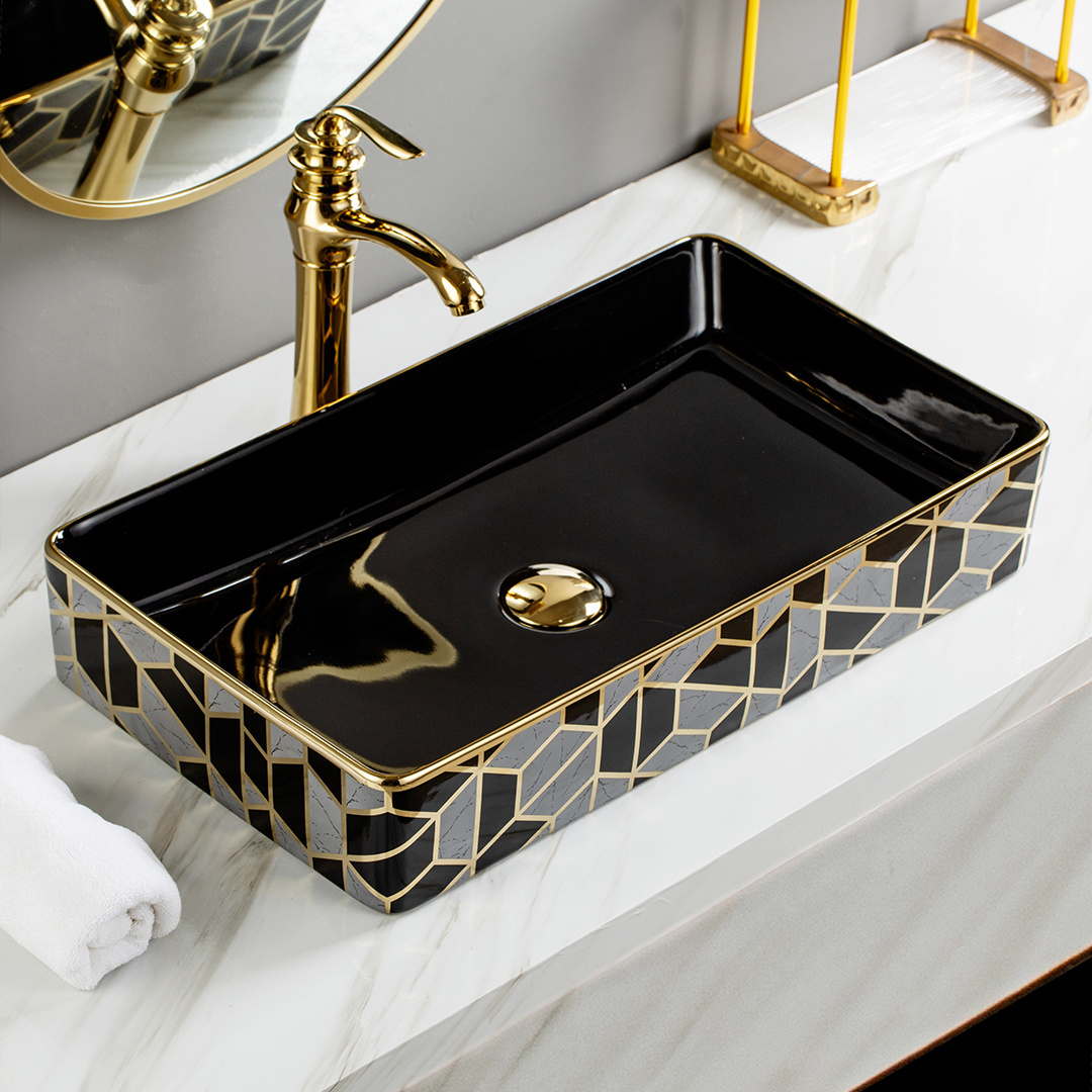 bathroom sinks with hand art designs wash basin Modern rectangular ceramic black sink counter top basin