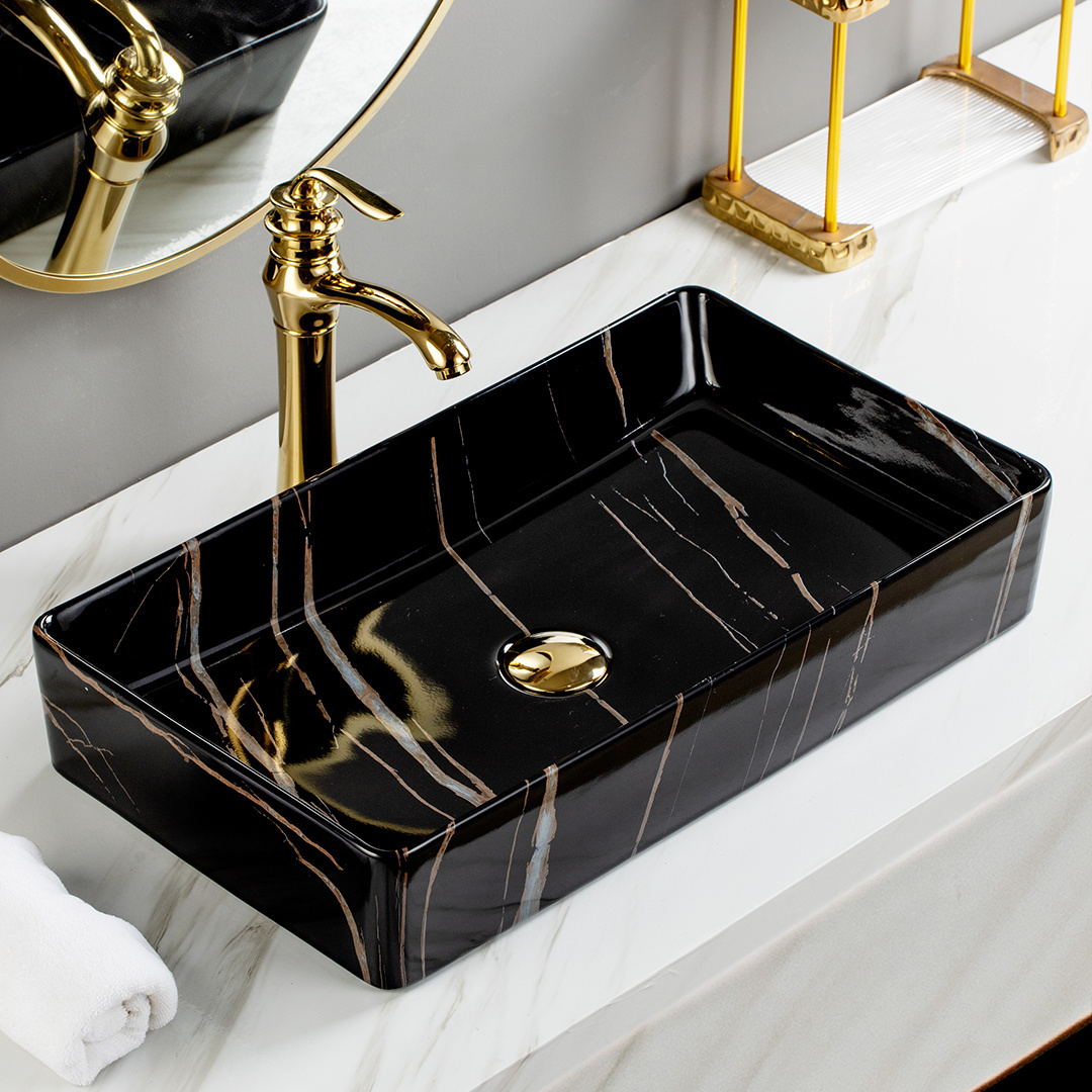 bathroom sinks with hand art designs wash basin Modern rectangular ceramic black sink counter top basin