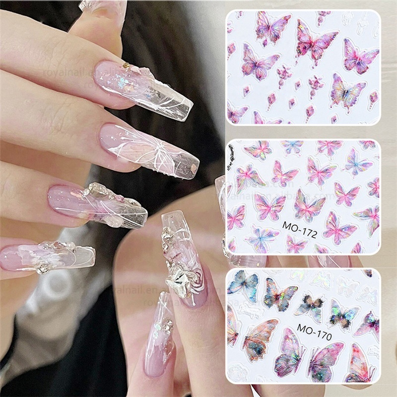 3D Aurora Butterfly Emboss Fairy Waterproof Glass coloured glaze self-adhesive Nail sticker decals for DIY Manicure Art