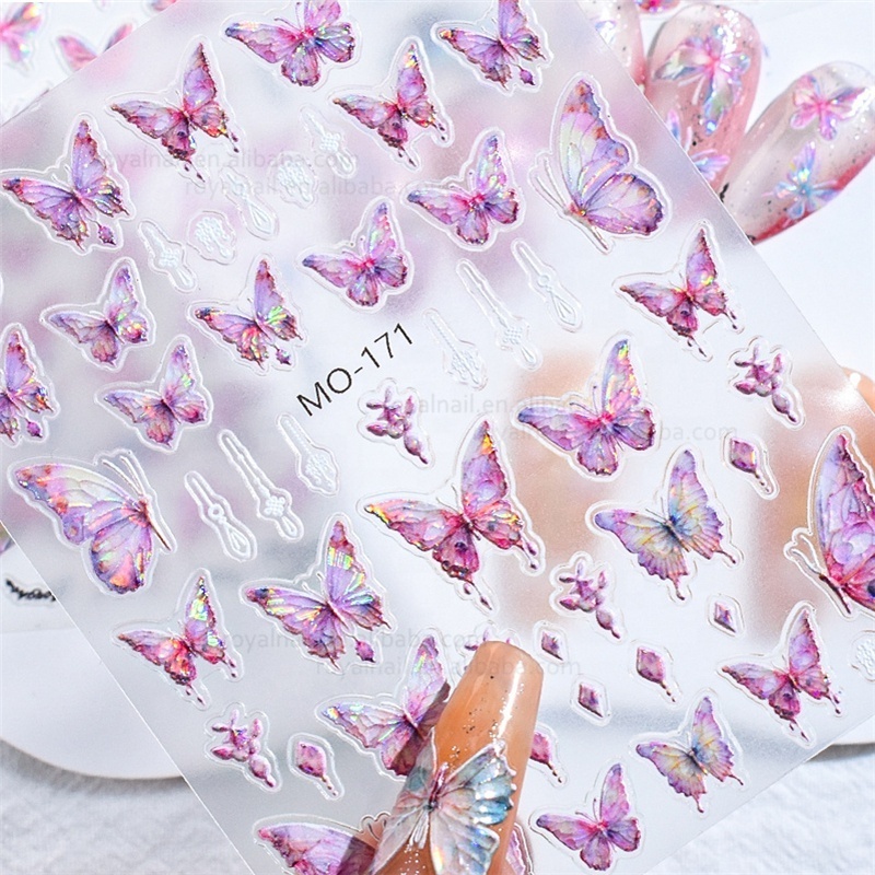 3D Aurora Butterfly Emboss Fairy Waterproof Glass coloured glaze self-adhesive Nail sticker decals for DIY Manicure Art