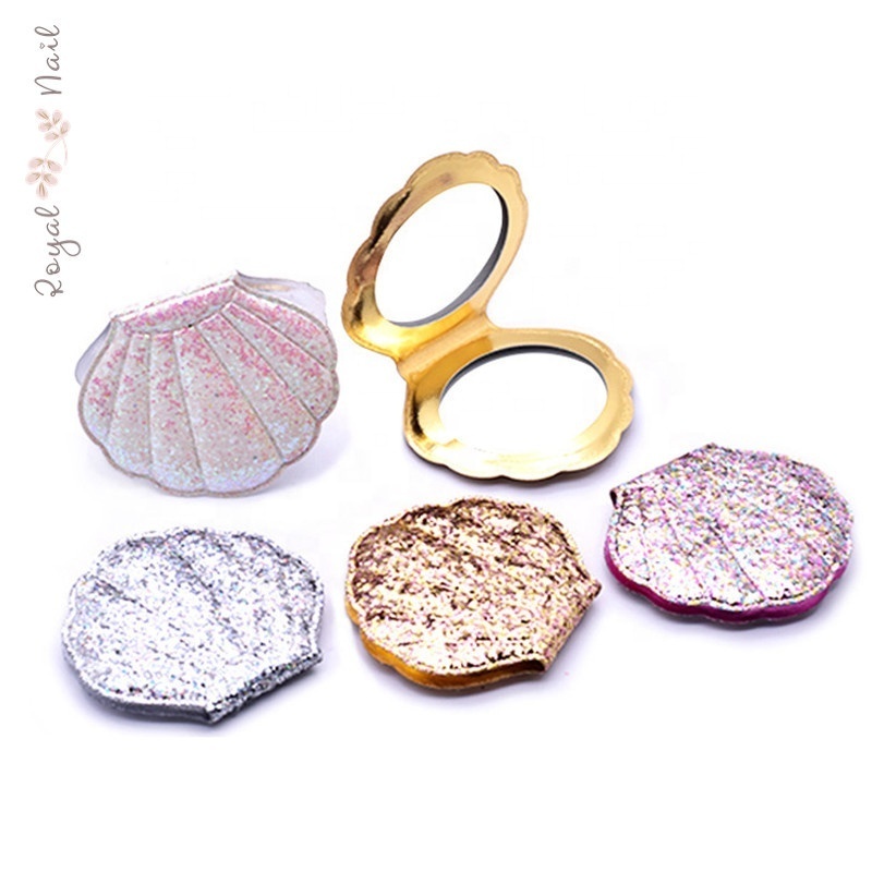 Wholesale Shining Glitter High Quality Double Sides Shell Shape Compact Pocket Mirror