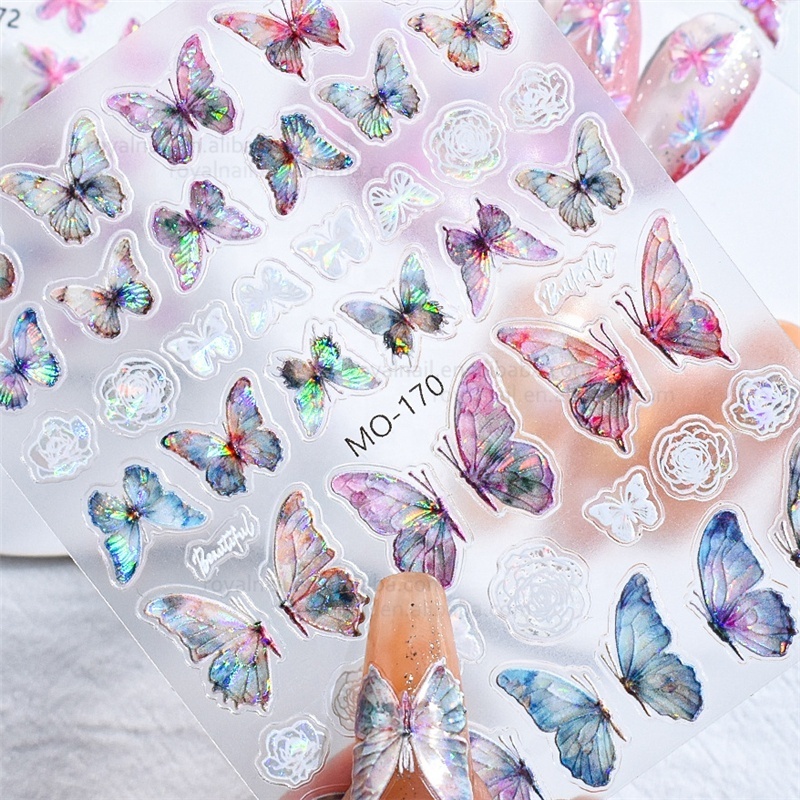 3D Aurora Butterfly Emboss Fairy Waterproof Glass coloured glaze self-adhesive Nail sticker decals for DIY Manicure Art