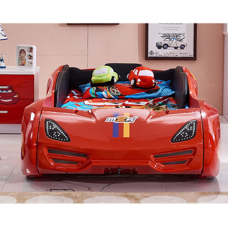 Solid Wood Pu Cover Storage Car Bed for Kids Boys Double Bed Style Super Race Car Kids Beds with Lights and Sound Sports Modern