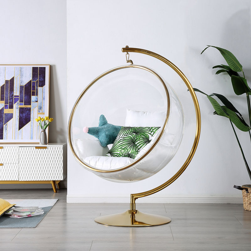 Home wall hang transparent acrylic hanging round ball modern leisure gold bubble chair with stand for sales