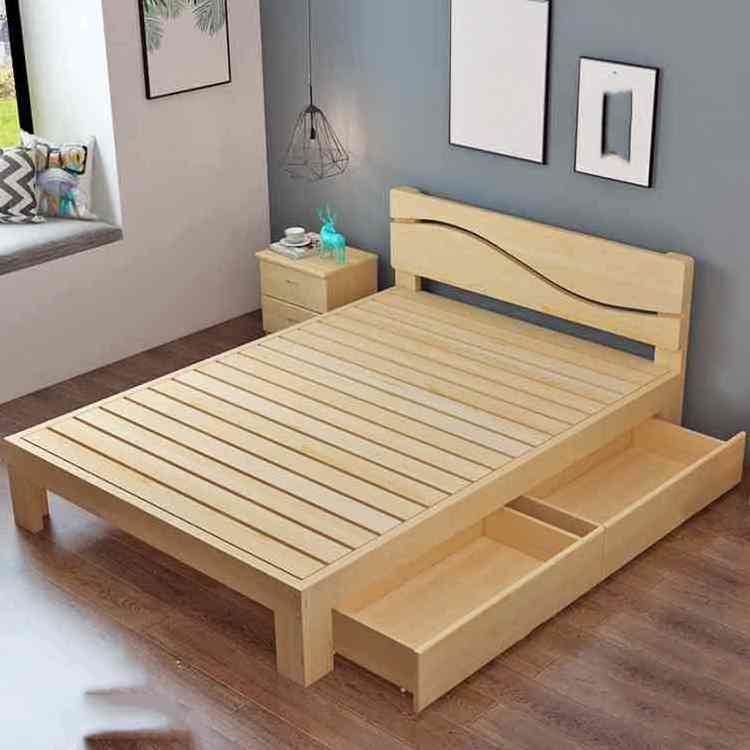 Modern Bedroom Furniture Sets MahoganyVeneer Solid Wood Frame Storage Platform Bed King Size Bed with 2 Side Drawers