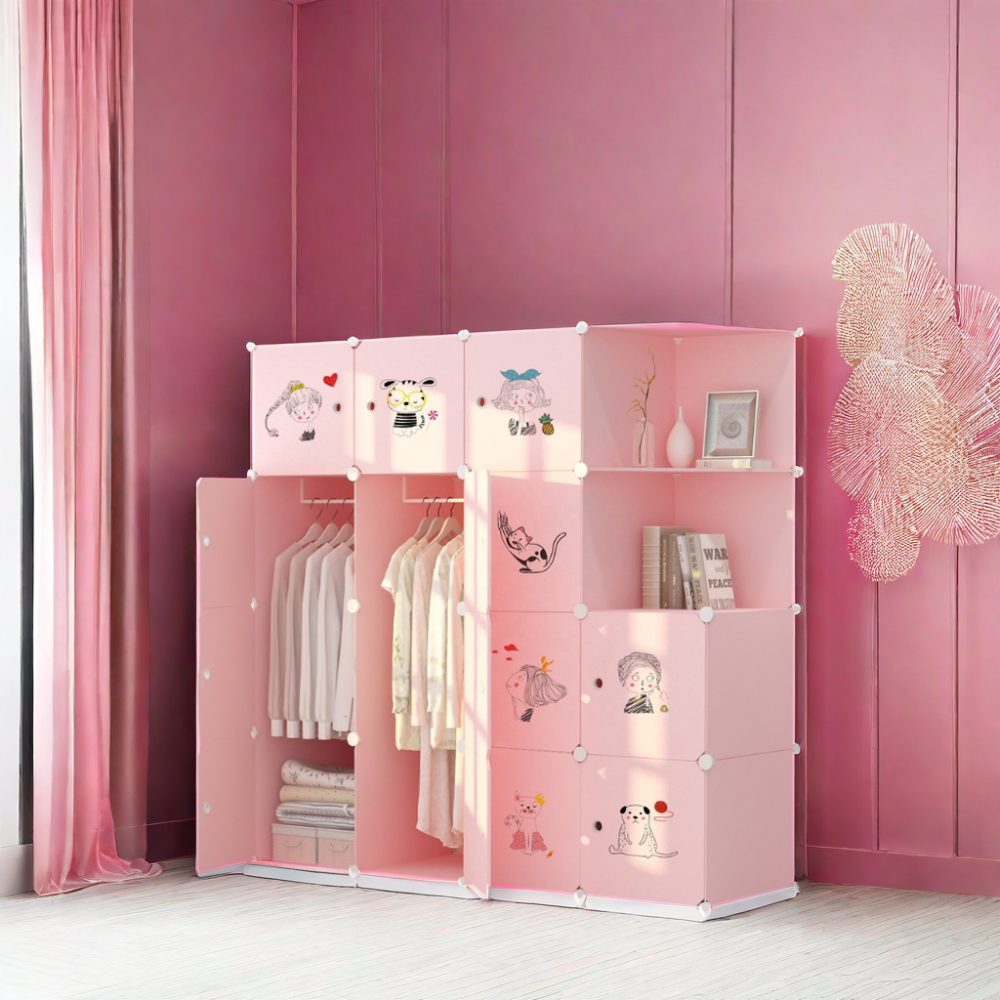 Simple Design Cartoon Wooden Baby Clothes Closet Wardrobe for Kids Home Furniture Bedroom Plastic Storage Cabinet Modern Pink