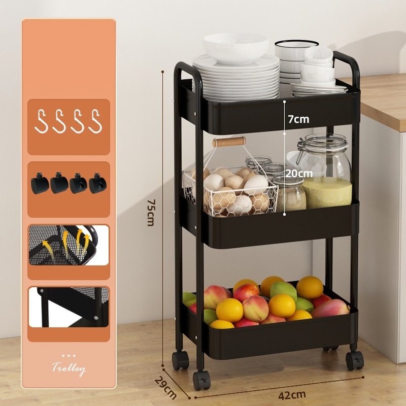 4 Tier Rolling Cart with Wheels Detachable Utility Storage Cart Metal Food Container Iron Plastic Multifunction Kitchen Storage