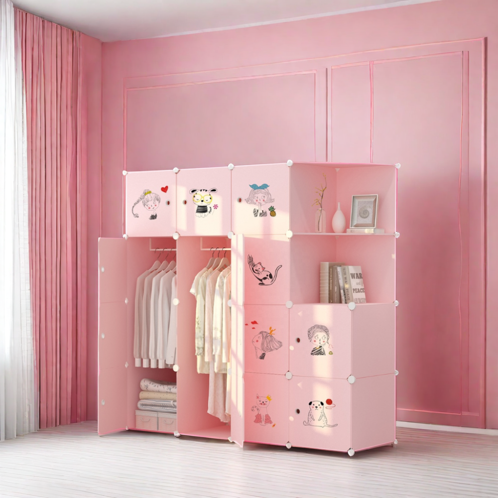 Simple Design Cartoon Wooden Baby Clothes Closet Wardrobe for Kids Home Furniture Bedroom Plastic Storage Cabinet Modern Pink