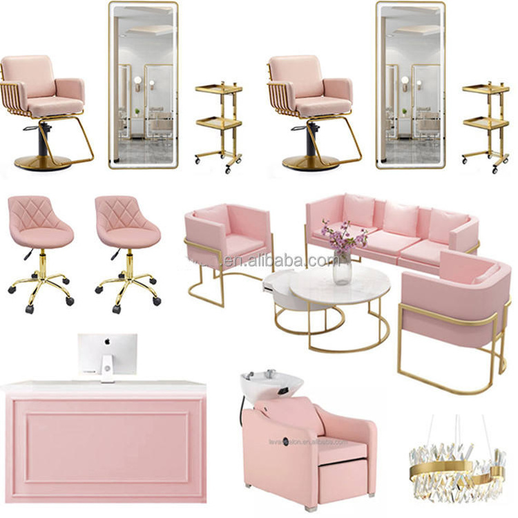 Pink Hair Styling Mirror Station Shampoo Chair Hairdressing Chairs Beauty Salon Furniture Package Hydraulic Pump Barber Chair