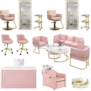 Pink Hair Styling Mirror Station Shampoo Chair Hairdressing Chairs Beauty Salon Furniture Package Hydraulic Pump Barber Chair