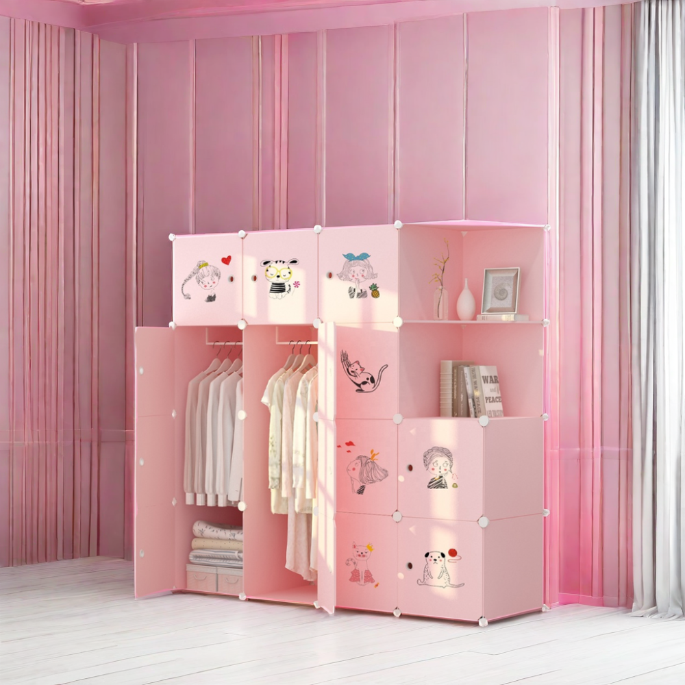 Simple Design Cartoon Wooden Baby Clothes Closet Wardrobe for Kids Home Furniture Bedroom Plastic Storage Cabinet Modern Pink