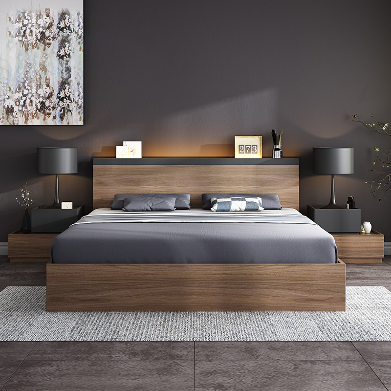 MKE9327 New bedroom set modern adult walnut color bed with storage luxury furniture bedroom bed with mattress